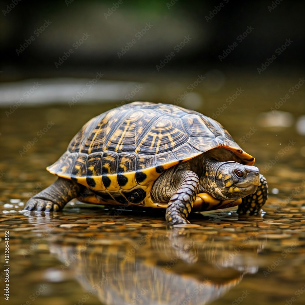Fototapeta premium Turtle Walking Slowly in a Small Puddle of Water | Generative AI