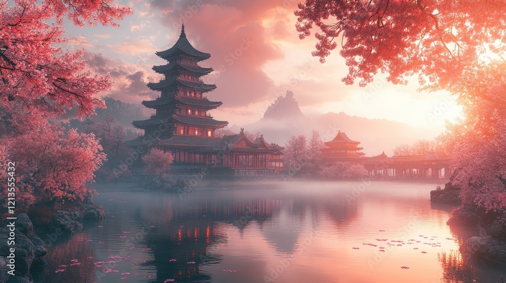 Obraz premium Pagoda Sunrise, Misty Lake, Cherry Blossoms, Scenic Asian Landscape, Calm