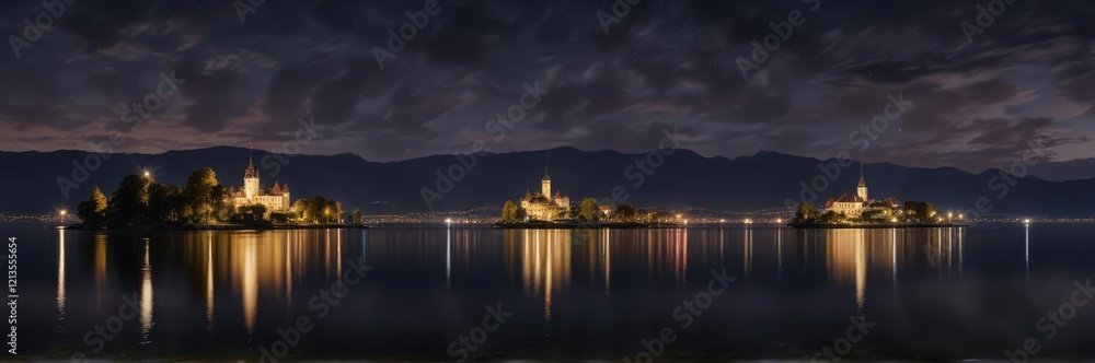 Fototapeta premium Bodensee lake at night with castle Seeheim illuminated, seeheim, night