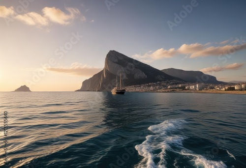 Boat sailing through the Bay of Algeciras with the Rock of Gibraltar visible on the horizon, Bay of Algeciras, Sailing, Ocean