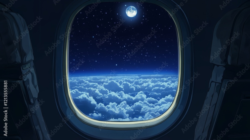 View of night sky through open airplane windows. Dark blue plane wall with moon, stars and clouds outside porthole. Realistic 3d vector illustration of jet interior with glass fuselage during flight. View of night sky through open airplane windows. Dark blue plane wall with moon, stars and clouds outside porthole. Realistic 3d vector illustration of jet interior with glass fuselage during flight.