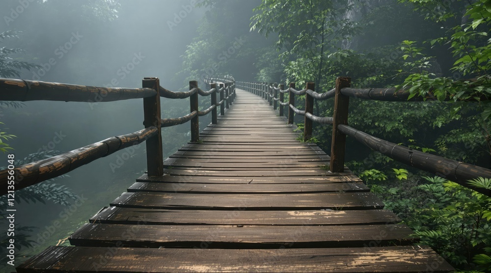 Fototapeta premium Breathtaking view of a wooden bridge path surrounded by wilderness, adventure, wood bridge, platform, walkway