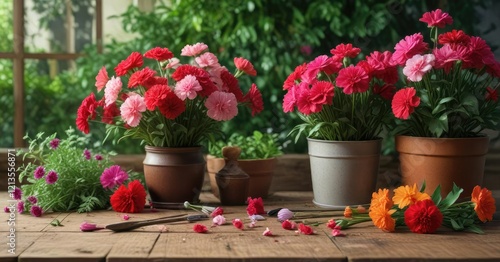 Carnations and violas arranged on a wooden table with gardening implements and lush greenery, farm equipment, flowerpot, plants on wood photo