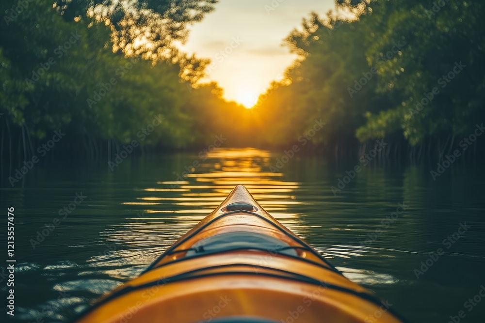 Fototapeta premium A serene kayak glides through calm waters at sunset, surrounded by lush greenery, capturing the essence of tranquility and adventure.