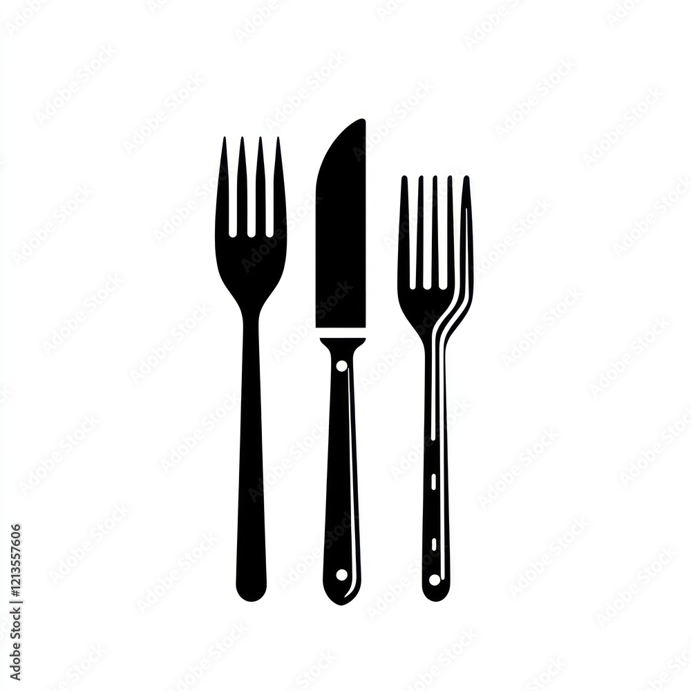 Simple illustration of a fork, knife, and fork. Restaurant cutlery. Possible use Cookbook cover design Simple illustration of a fork, knife, and fork. Restaurant cutlery. Possible use Cookbook cover design