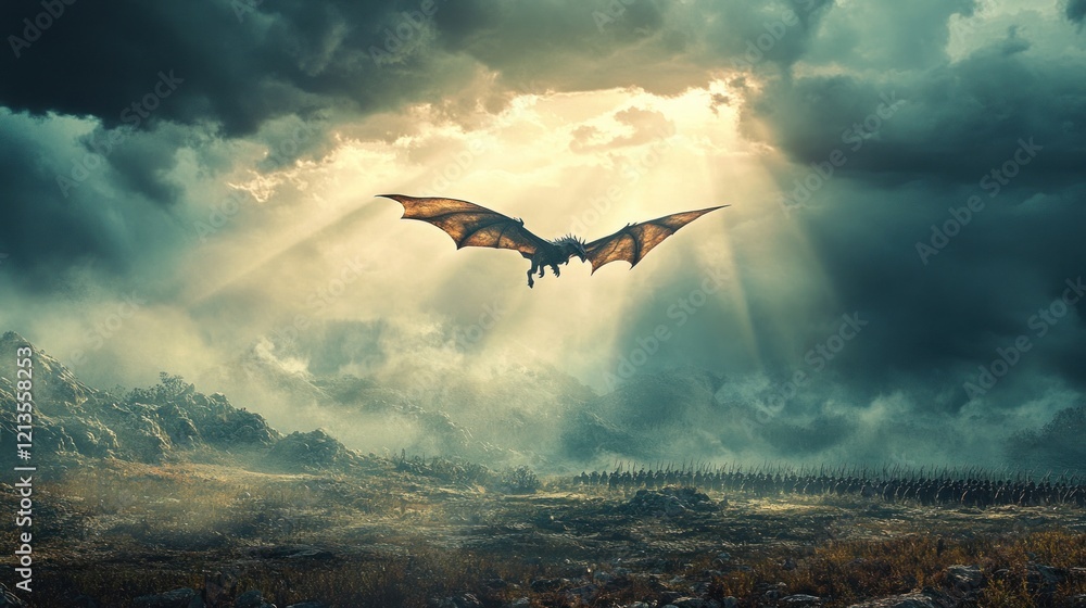 Obraz premium Dragon Soaring Over Epic Battlefield