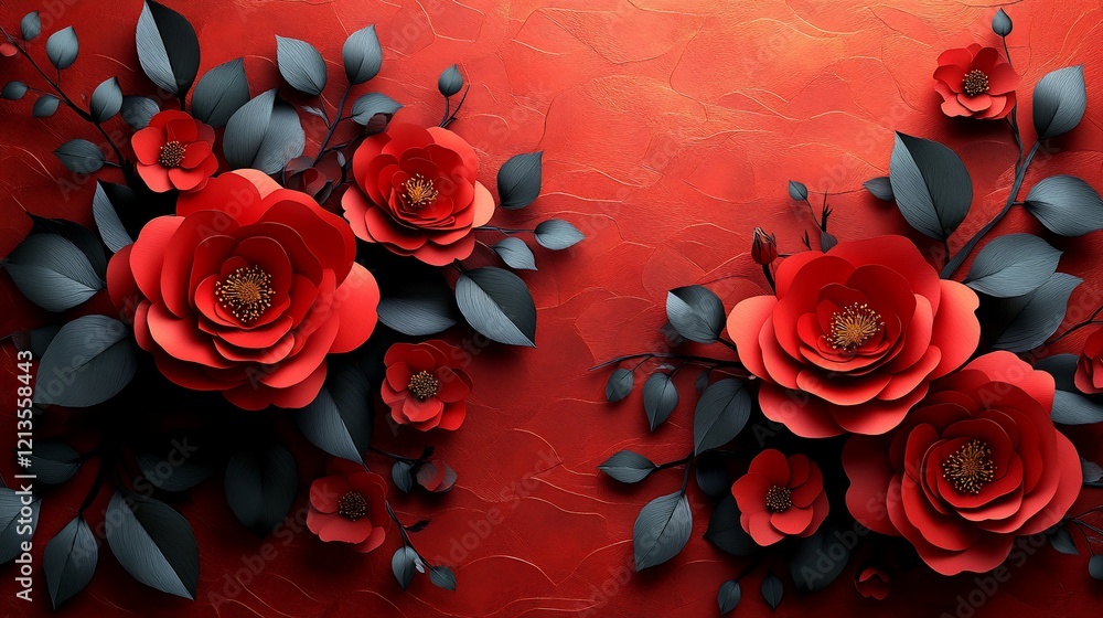 Naklejka premium Red paper flowers and dark leaves on red background.