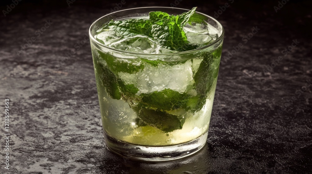 Refreshing mint cocktail in rocks glass with ice. Refreshing mint cocktail in rocks glass with ice.