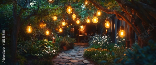 Evening garden path lit by hanging bulbs, leading to a house.  Romantic ambiance