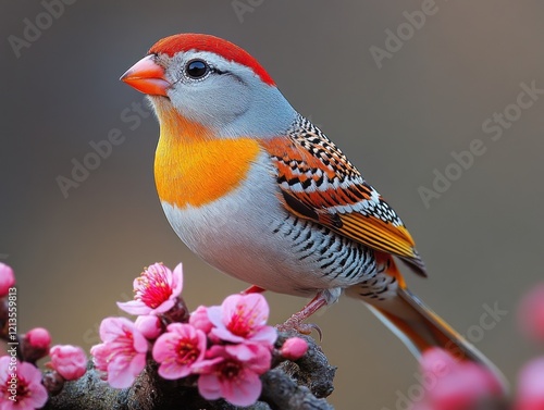 A colorful silver eared mesia bird perches on a branch with pink blossoms in nature photo