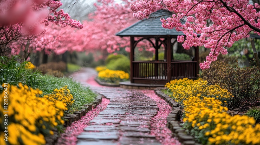 Pink cherry blossom path, gazebo, garden, spring, rain, petals, tranquility, Asian, relaxation, travel Pink cherry blossom path, gazebo, garden, spring, rain, petals, tranquility, Asian, relaxation, travel