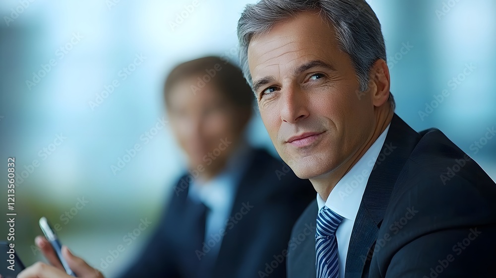 Two business partners in formal attire sitting at a desk and discussing strategies to enhance their company s financial performance and achieve growth objectives through collaborative brainstorming Two business partners in formal attire sitting at a desk and discussing strategies to enhance their company s financial performance and achieve growth objectives through collaborative brainstorming