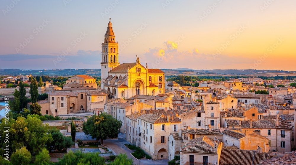 Sunset over Spanish town; cathedral, rooftops, landscape. Travel brochure, tourism Sunset over Spanish town; cathedral, rooftops, landscape. Travel brochure, tourism