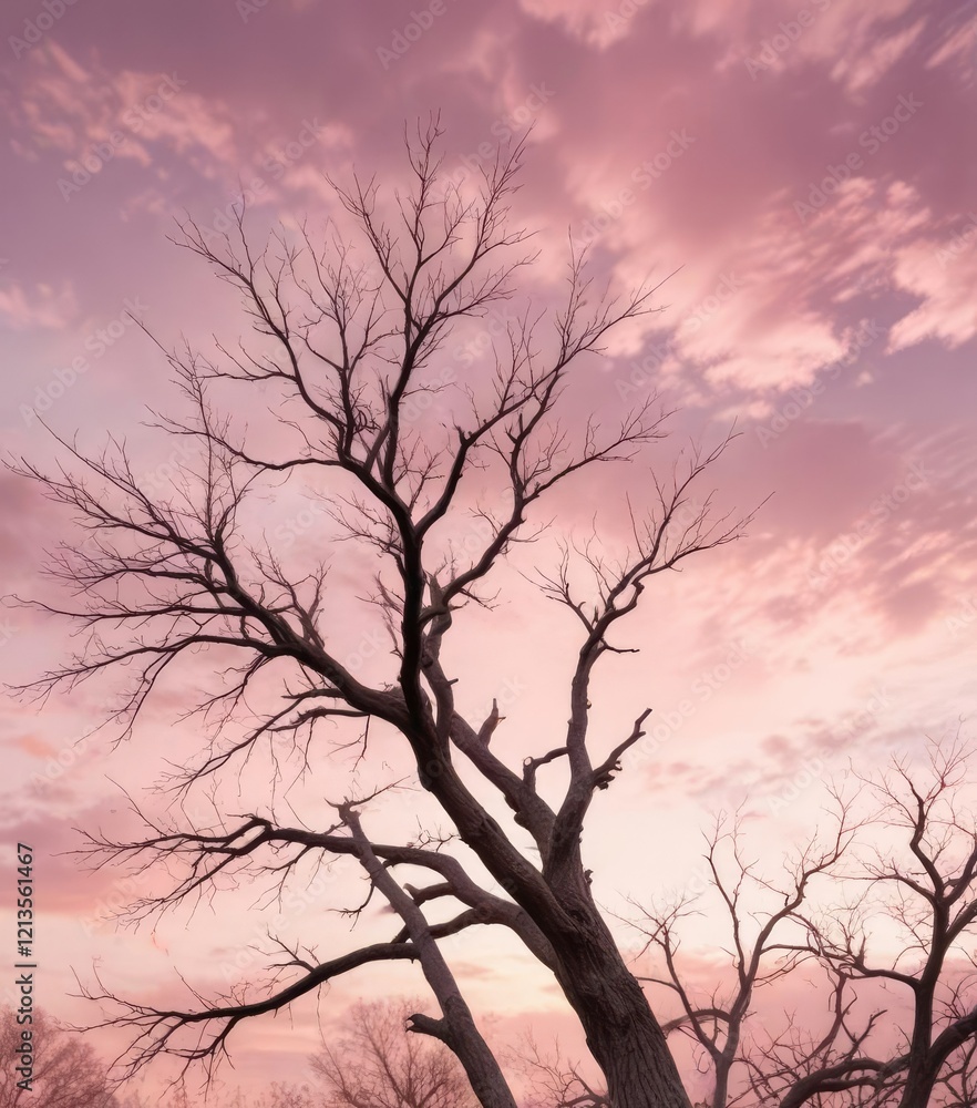 Fototapeta premium Bare tree branches etched against a soft pink cloudy sky on a warm day, soft pink clouds, bare tree branches