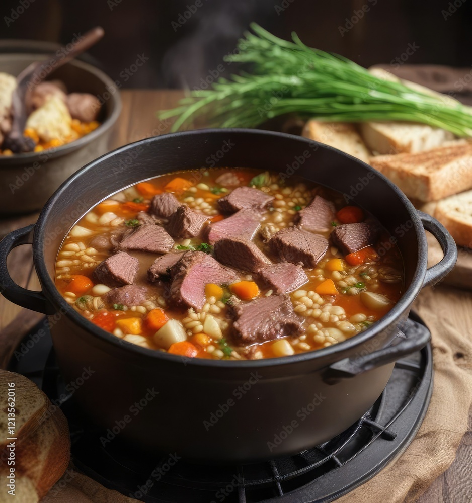Beef and barley soup in a large cast-iron pot on the stovetop, soup, kitchen appliance, cast iron Beef and barley soup in a large cast-iron pot on the stovetop, soup, kitchen appliance, cast iron