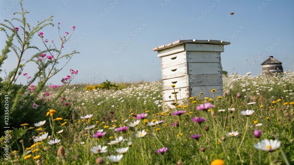 Beehive with a variety of flowers nearby, bee habitat, floral fields, wildflowers in field, insect colony, bee-friendly plants Beehive with a variety of flowers nearby, bee habitat, floral fields, wildflowers in field, insect colony, bee-friendly plants