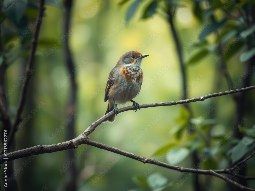 Fototapeta premium Bird perched on a thin branch in the forest, tree bark, forest canopy