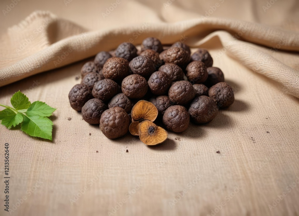 Fototapeta premium Black truffle tuber Aestivum on a linen tablecloth, fungi, truffle