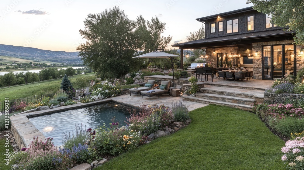 Fototapeta premium Modern luxury villa features a backyard swimming pool and patio overlooking a scenic valley at sunset.