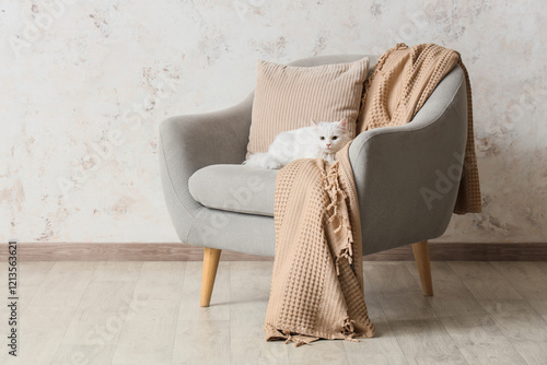 Cute white cat with plaid a...