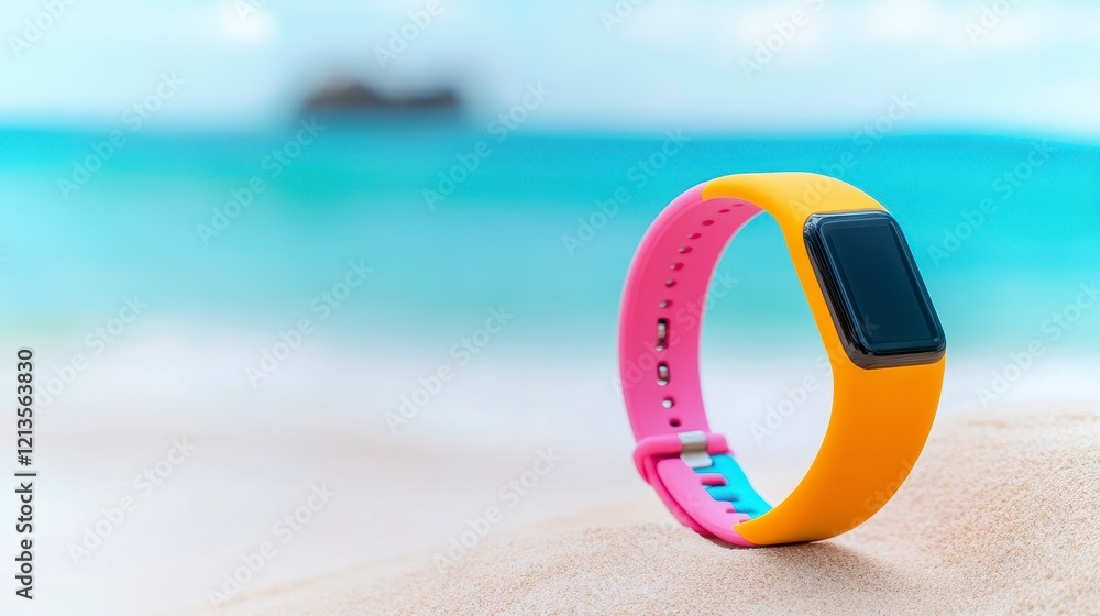 Vibrant Smartwatch on Sand Against Beach and Turquoise Water Vibrant Smartwatch on Sand Against Beach and Turquoise Water