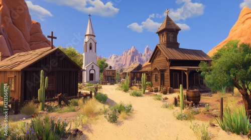 Western town with old wooden buildings. Wild west desert landscape with cactuses. Vector cartoon illustration of wild west city street with catholic church, saloon, sheriff office, bank and hotel