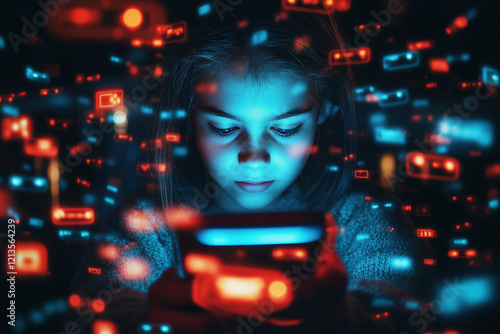 A young girl in a dark room, her face lit by the light from her phone. The risks of cyber danger and the impact of social media platforms on kids and teenagers.