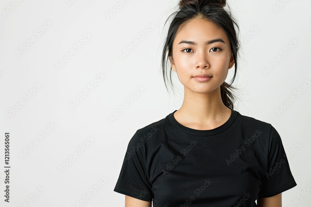 High Definition Picture of Asian Woman in a Black T Shirt Isolated on White Background High Definition Picture of Asian Woman in a Black T Shirt Isolated on White Background