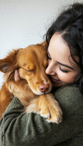 Joyful embrace woman cuddles golden dog in cozy indoor setting capturing love and connection