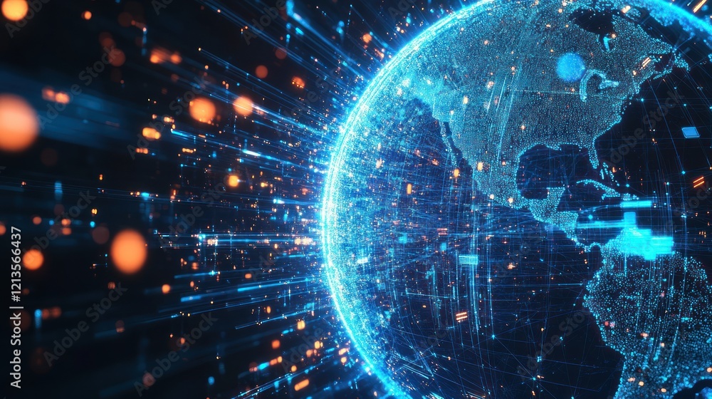 Obraz premium Global network data streams, digital earth, futuristic background, communication technology