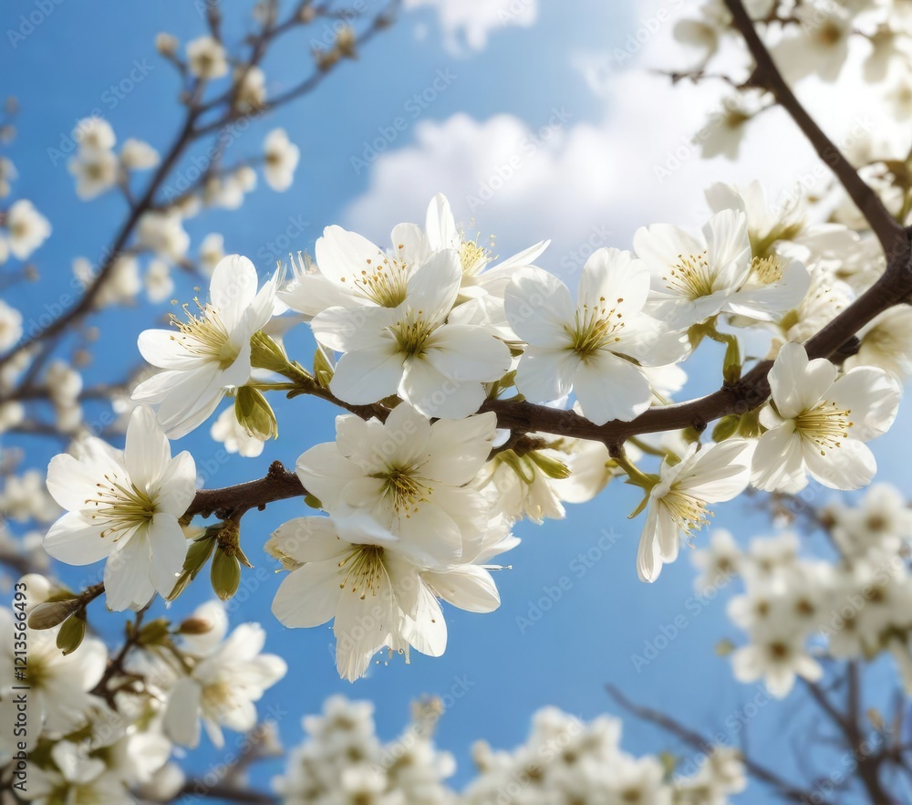 Close-up of blooming white flowers on tree branch with bright sky, seasonal changes, blossoming petals Close-up of blooming white flowers on tree branch with bright sky, seasonal changes, blossoming petals