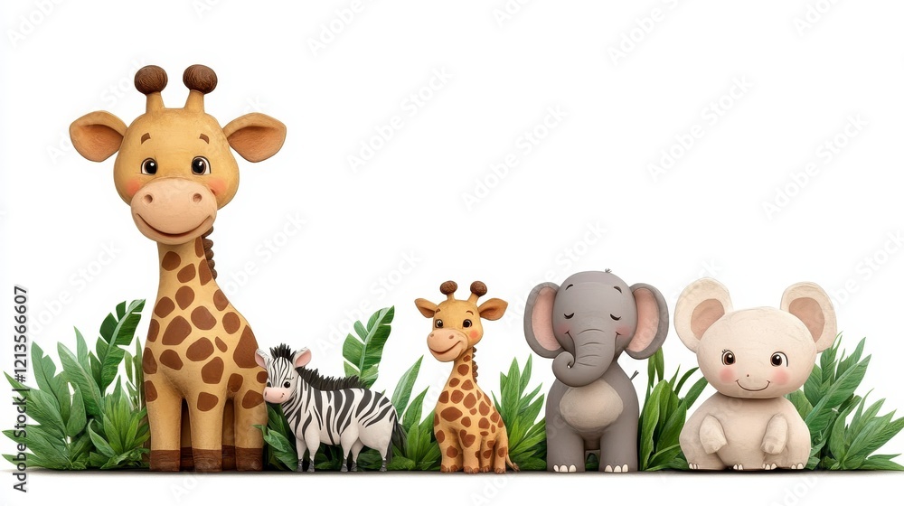 Fototapeta premium Adorable Stuffed Safari Animals Amidst Lush Green Foliage: A Whimsical Scene of Childhood Innocence and Joy