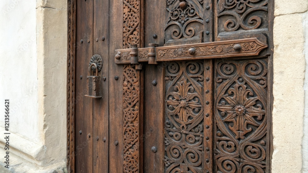 Close-up of dark wooden door with intricate carvings and old rusty hinges, mysterious, door Close-up of dark wooden door with intricate carvings and old rusty hinges, mysterious, door
