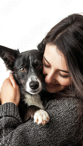 Joyful bonding moment woman embracing dog indoor setting lifestyle image heartwarming atmosphere close-up view love and companionship photo