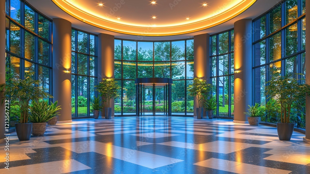 Office building lobby hall with blurred background, glass curtain walls, and floor illumination, looking toward a minimalist empty entrance, evoking a clean professional atmosphere. Office building lobby hall with blurred background, glass curtain walls, and floor illumination, looking toward a minimalist empty entrance, evoking a clean professional atmosphere.
