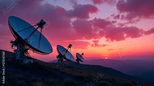 Satellite Dishes on a Hill at Sunset with Colorful Sky