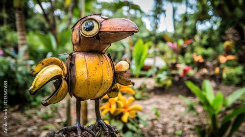 Recycled Banana Bird Sculpture in Tropical Garden photo