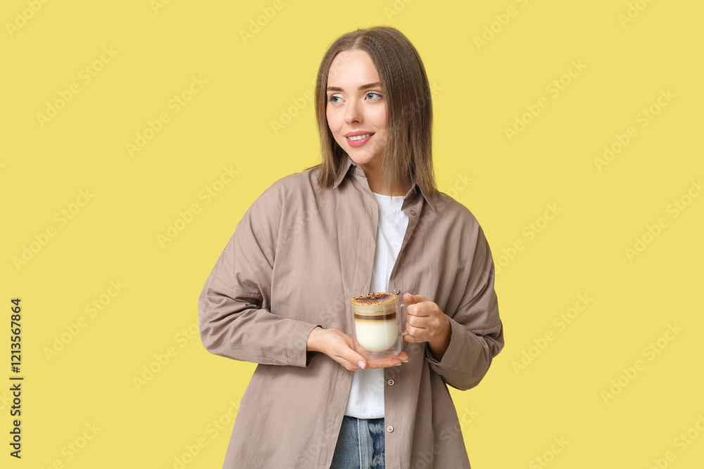 Beautiful young woman with glass cup of hot coffee on yellow background Beautiful young woman with glass cup of hot coffee on yellow background