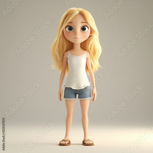 Adorable 3D Render of a Blonde Cartoon Girl in Summer Outfit