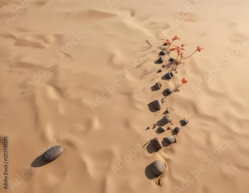 An isolated ant footprint in the dunes with a few twigs and pebbles nearby, dune, twig photo