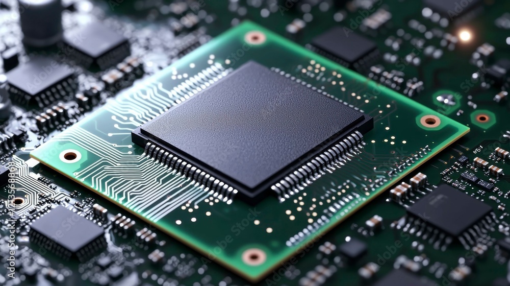 Digital abstract circuit board background with a CPU microchip and conductor schemes, showcasing AI and the intricate technology behind modern computing systems. Digital abstract circuit board background with a CPU microchip and conductor schemes, showcasing AI and the intricate technology behind modern computing systems.