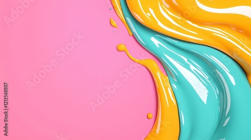 Vibrant Swirls of Orange and Blue Paint on Pink Background