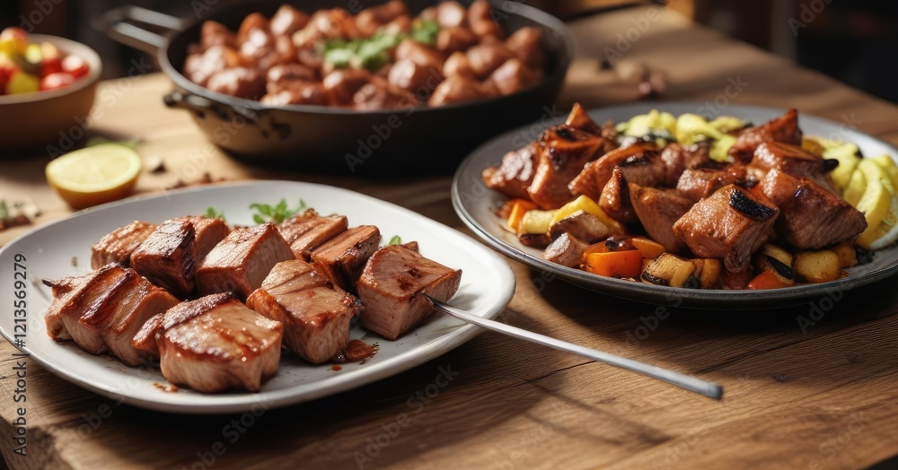 BBQ pork chunks on an iron skewer next to a plate of food, bbq, food BBQ pork chunks on an iron skewer next to a plate of food, bbq, food