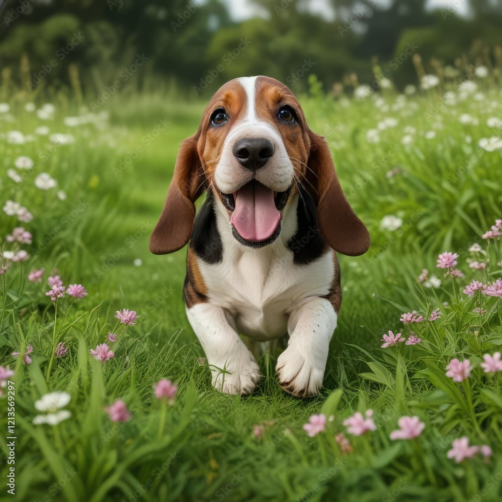 Basset hound puppy running freely in a green meadow filled with blooming clover and tall grass, blooming clover, outdoor adventure, running free Basset hound puppy running freely in a green meadow filled with blooming clover and tall grass, blooming clover, outdoor adventure, running free