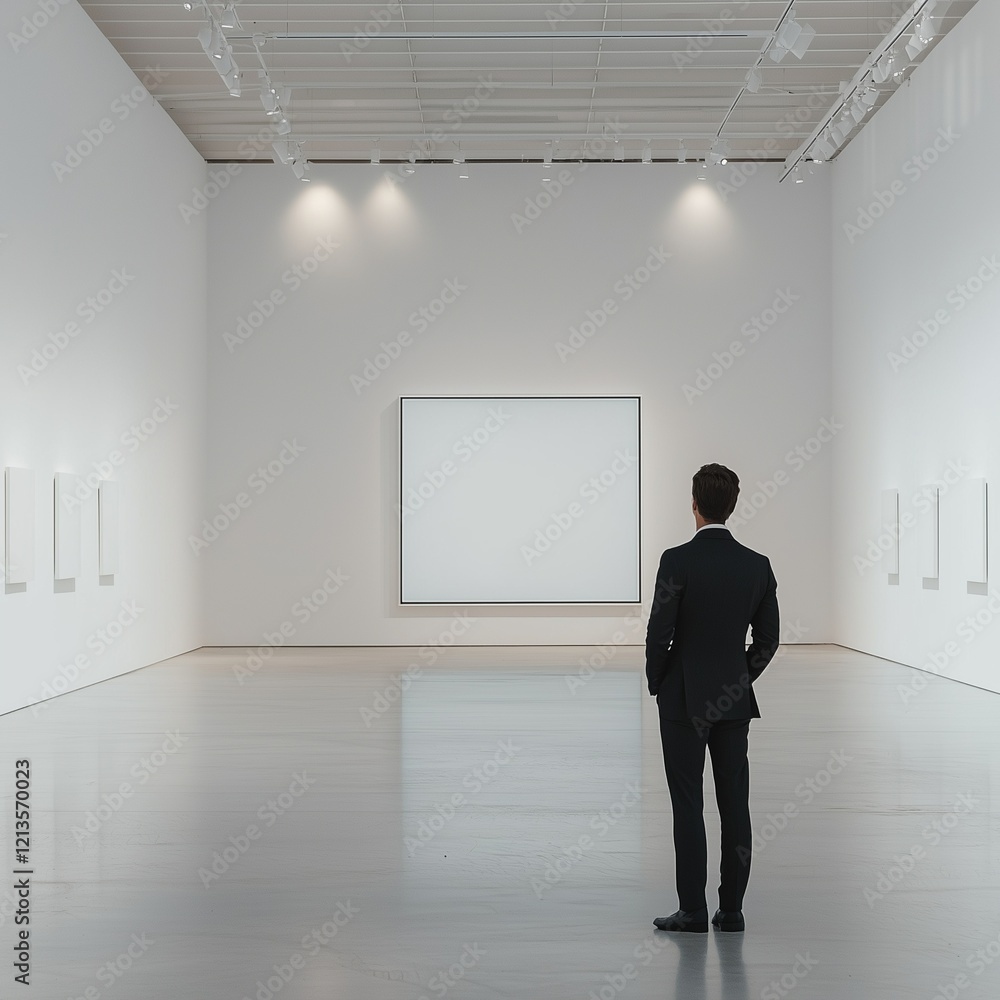 Contemplative gallery scene with a man in a suit and large frame. Contemplative gallery scene with a man in a suit and large frame.