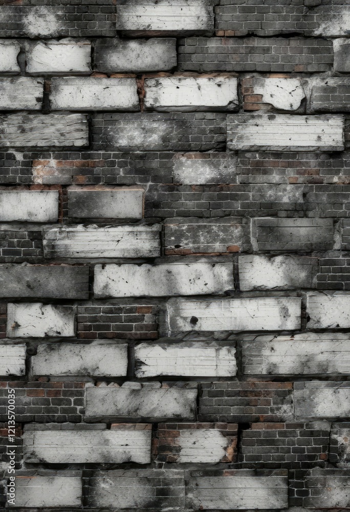 Black and white mottled brick wall with subtle cracks, cracked, white Black and white mottled brick wall with subtle cracks, cracked, white