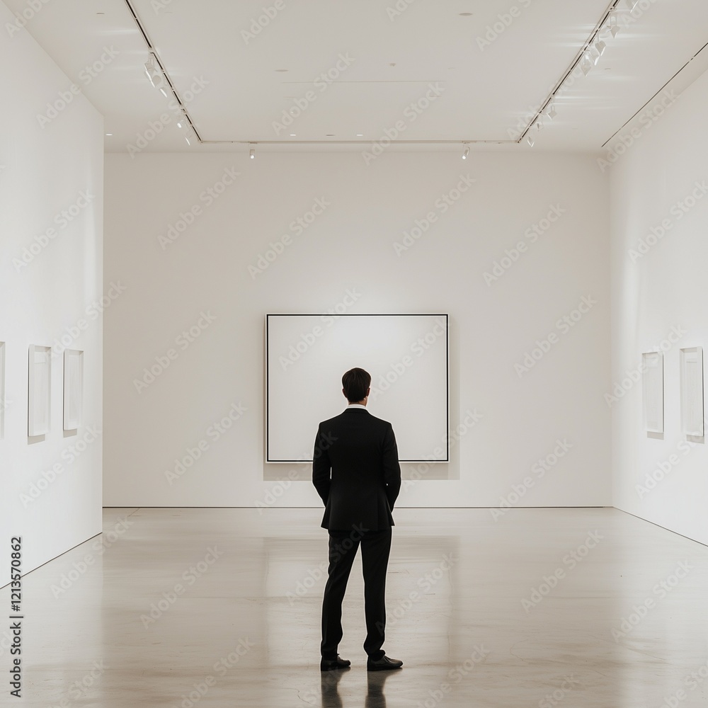 Fototapeta premium Minimalist gallery with a man in black and an off-center frame.