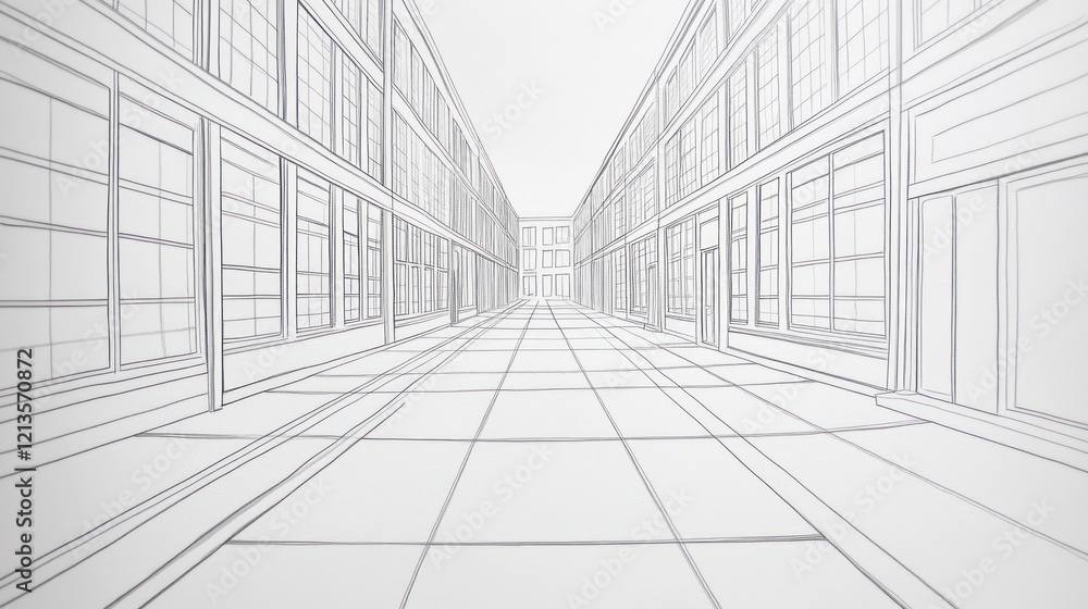 Architectural Sketch: Perspective View of a City Block's Linear Street Design, Emphasizing Building Facades, Windows, and Pavement Architectural Sketch: Perspective View of a City Block's Linear Street Design, Emphasizing Building Facades, Windows, and Pavement