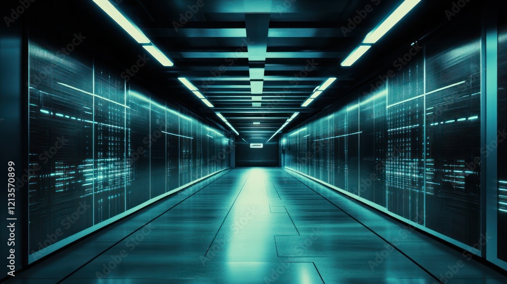 Obraz premium Futuristic data center corridor; server racks glow; background, digital code; tech illustration