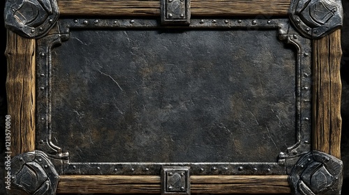 Fantasy vintage medieval wood facecam overlay vector border. Isolated video game metal viking frame for wooden banner. Twitch stream plate illustration set. Blank menu board interface template.